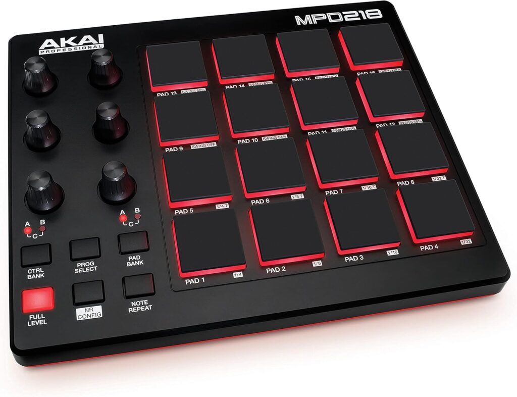 Akai Professional MPD218 - USB MIDI Controller with 16 MPC Drum Pads, 6 Assignable Knobs, Note Repeat and Full Level Buttons and Production Software